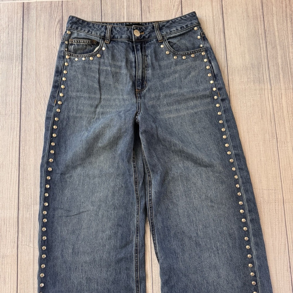 House of Harlow 1960 Studded Wide Leg Jeans Womens Size 6 Blue Denim Inseam 30" - Picture 2 of 10